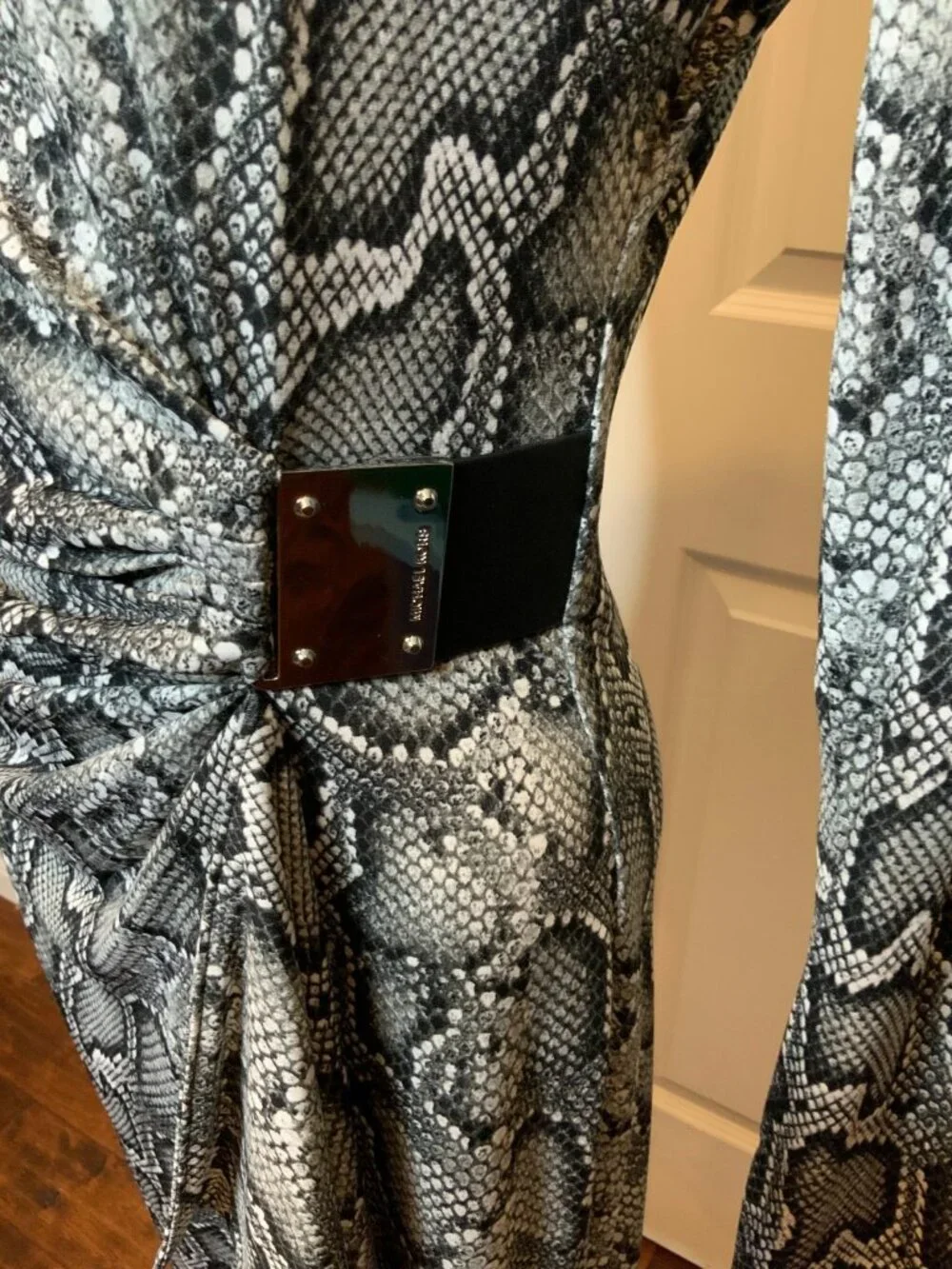 Michael Kors Black & White Snakeskin Print Faux Wrap Buckle Dress, Size S